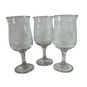 Vtg Libbey Lot 3 Winter Wonderland 12 oz Goblets Wine Glasses Christmas Holiday
